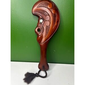 Maori Wahaika Hand Carved Wood Club Paua Shell Inlay New Zealand Folk Art Decor